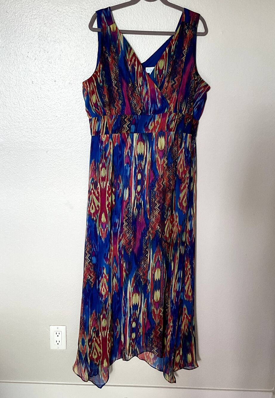 K. Jordan Plus Sz 18W Blue Multicolor Abstract Print Faux-Wrap V-Neck Maxi Dress